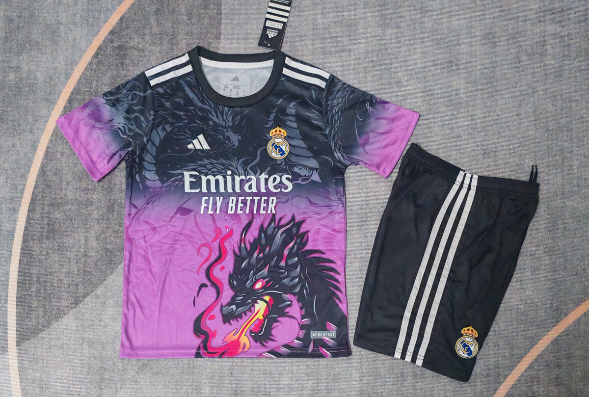 Kit Infantil Real Madrid Edição Especial 25/26 Camisa + Shorts Adidas Unissex - Preto e Roxo