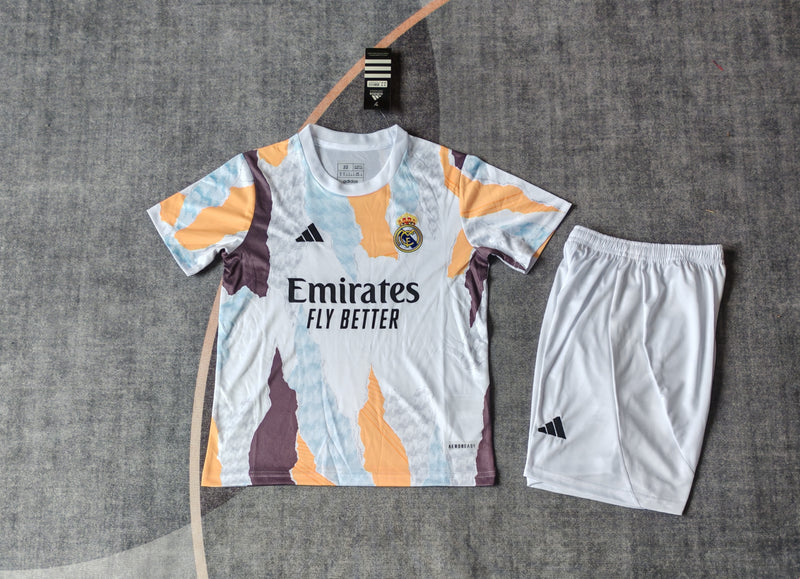 Kit Infantil Real Madrid Treino 24/25 Camisa + Shorts Adidas Unissex - Branca