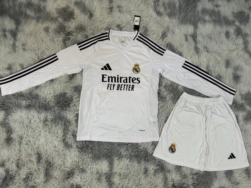 Kit Infantil Real Madrid Home Manga Longa 24/25 Camisa + Shorts Adidas Unissex - Branca