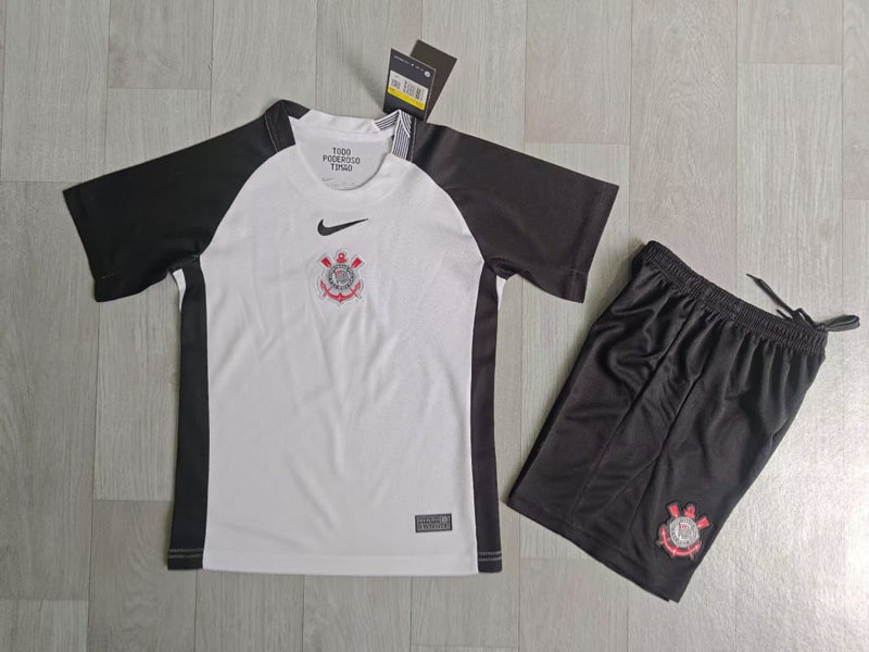 Kit Infantil Corinthians Home 25/26 Camisa + Shorts  Nike Unissex - Branco e Preto