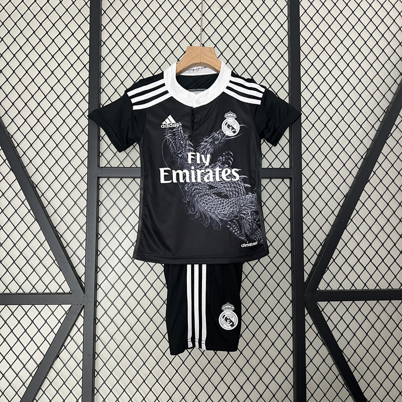 Kit Infantil Real Madrid Retrô Third 2015 Camisa + Shorts Adidas Unissex - Preta