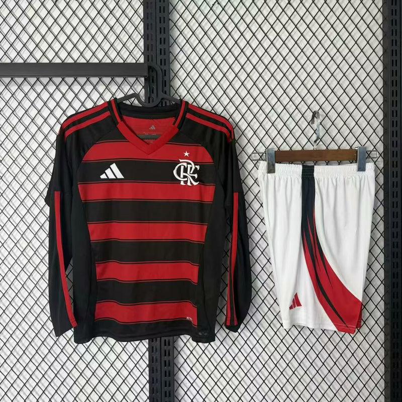 Kit Infantil Flamengo Home 25/26 Manga Longa Adidas Unissex - Vermelho e Preto