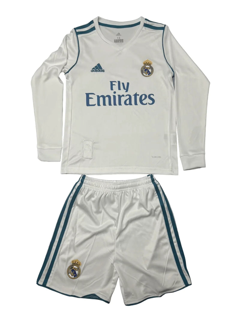 Kit Infantil Real Madrid Retrô Home Manga Longa 2017 Camisa + Shorts Adidas Unissex - Branca