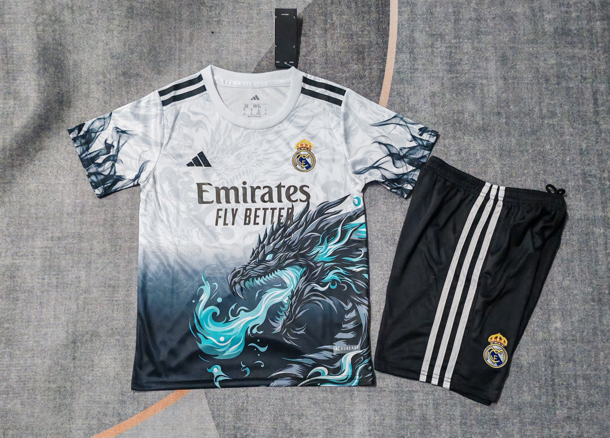 Kit Infantil Real Madrid Edição Especial 25/26 Camisa + Shorts Adidas Unissex - Branco e Preto
