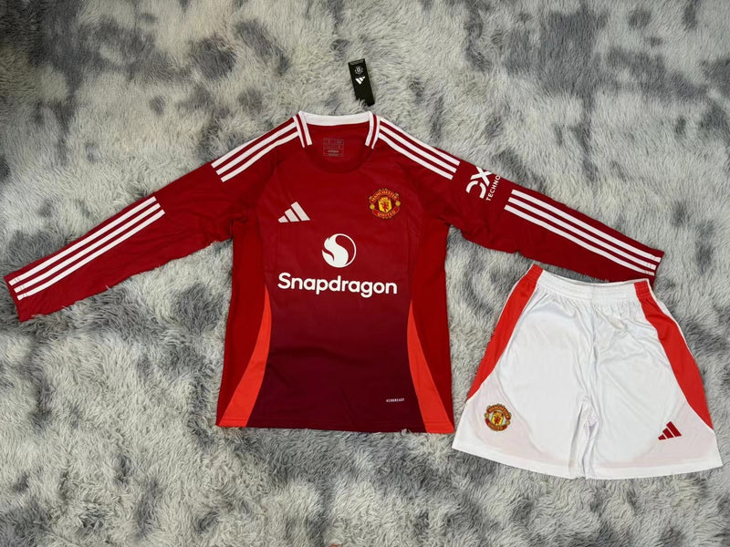 Kit infantil Manchester United Home Manga Longa 24/25 Unissex Adidas - Vermelho