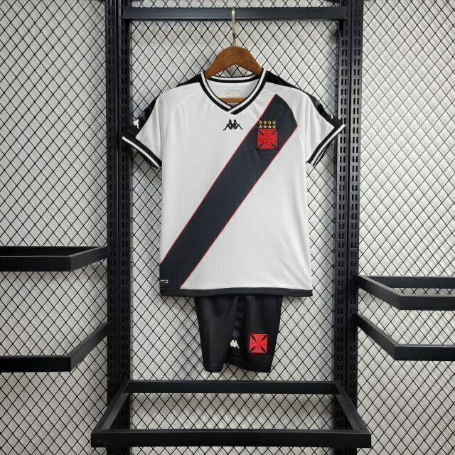 Kit Infantil Vasco Away 24/25 Camisa + Shorts Kappa Unissex - Branco e Preto