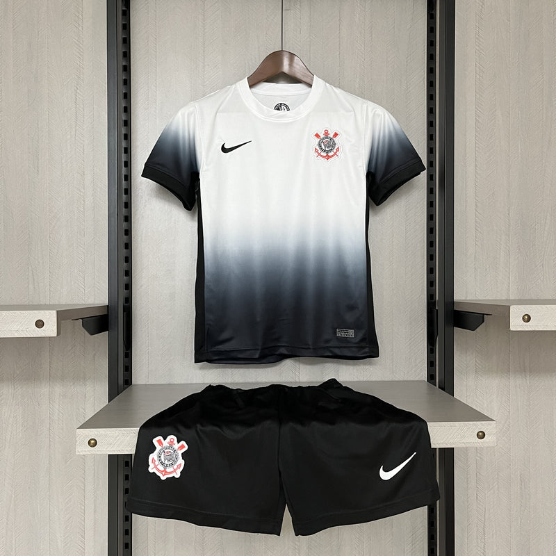 Kit Infantil Corinthians Home 24/25 Camisa + Shorts  Nike Unissex - Branco e Preto