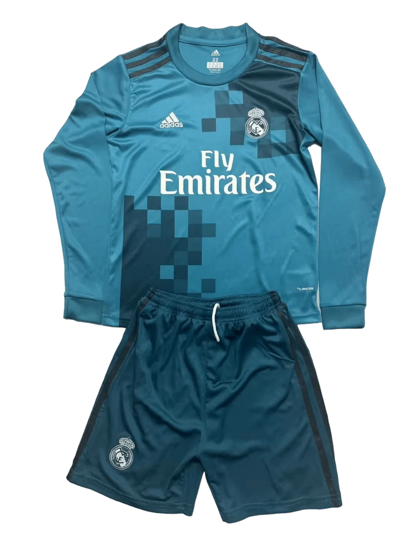 Kit Infantil Real Madrid Retrô Away Manga Longa 2018 Camisa + Shorts Adidas Unissex - Verde