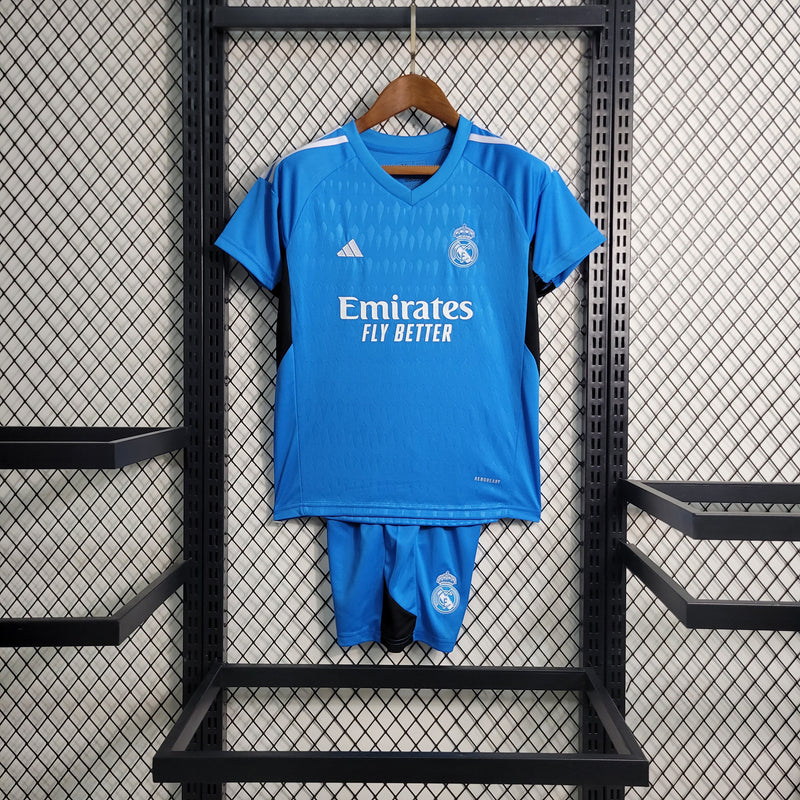 Kit Infantil Real Madrid Goleiro 23/24 Camisa + Shorts Adidas Unissex - Azul