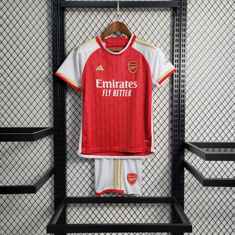 Kit Infantil Arsenal Home 23/24 Camisa + Shorts Adidas Unissex - Vermelho e Branco