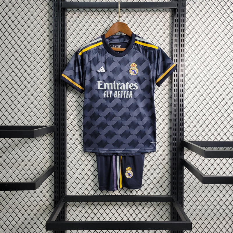 Kit Infantil Real Madrid Away 23/24 Camisa + Shorts Adidas Unissex - Preto e Azul