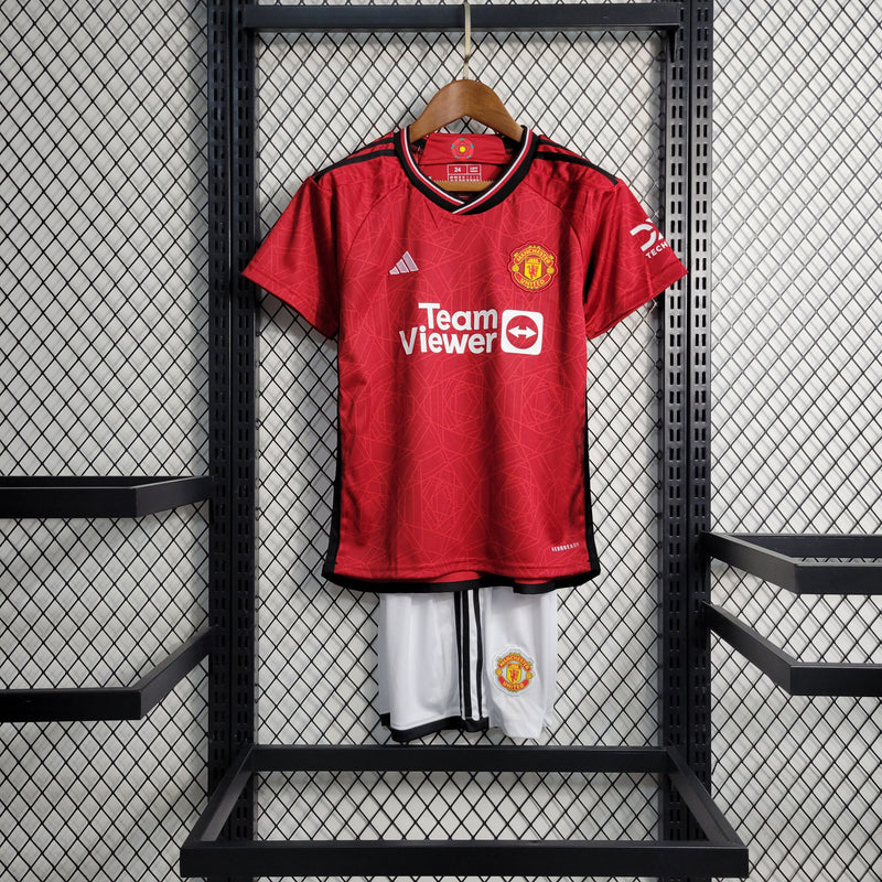 Kit infantil Manchester United Home 23/24 Unissex Adidas - Vermelho